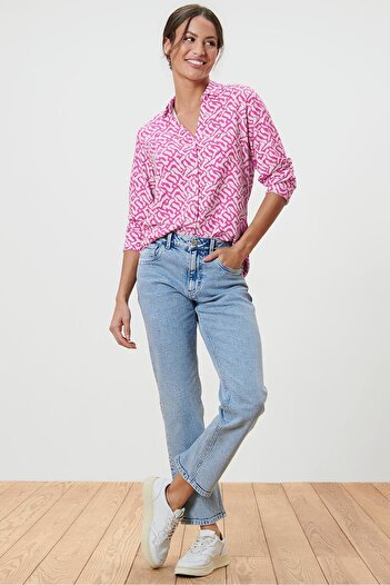 Tchibo Women Spread Collar Long Sleeves Allover Print Top, Pink