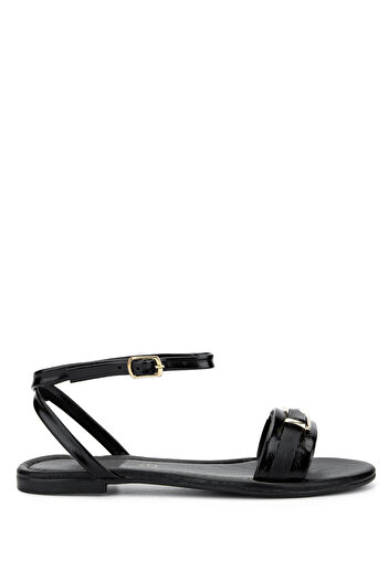 Tamer Tanca Women's Genuine Leather Black Patent Leather Flat Sandals