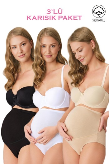LİRONA 3 Pack Li̇rona 23582 Fully Compatible Women's Cotton Lycra Soft Pregnant Maternity High Waist Bato Panties