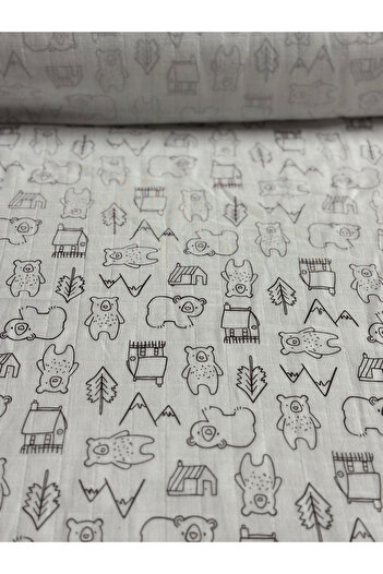 iki iplik Double Layer 100% Cotton Muslin Fabric - Bear and Nature Pattern - 135 cm Width - Suitable for Baby and Home Textile