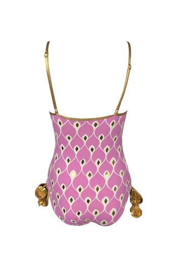 LOOK ME Strappy Ikat Patterned Gold Rose Detailed Lace-Up Pink 50Uv Girl's Swimsuit by Nessi Byrd