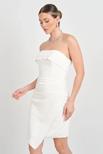 DORİDORCA Doridorca Women Strapless Skirt Asymmetrical Evening Dress 6011 Ecru