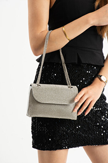 Getcho Shom Women's Stone Detailed Chain Strap Covered Silver Evening Bag Small Size Portfolio Evening Dress Bag Model