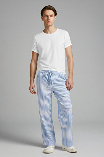Trendyol Collection Μπλε υφαντό παντελόνι με φαρδιά εφαρμογή Πυτζάμα κάτω TMNSS25PJ00000