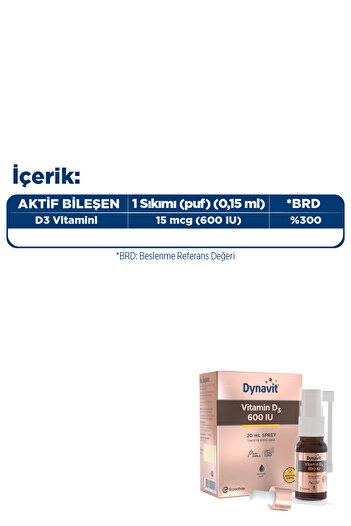 Dynavit Vitamin D3 600 IU (25mcg) 20 mL Sprey - Bağışıklık & Kas & Kemik - D3 Vitamini