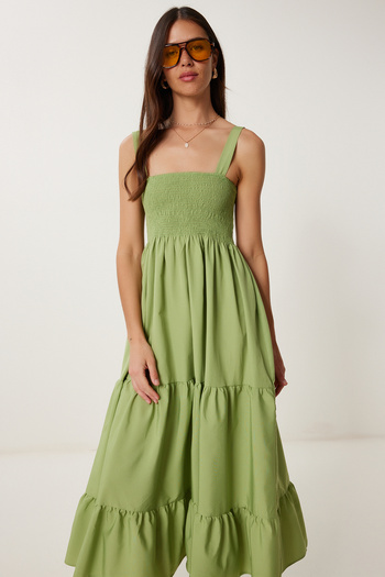 Happiness İstanbul Grünes Sommerkleid mit Trägern und Volants für Damen ZV00330