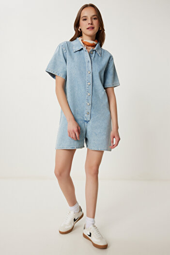 Happiness İstanbul Women's Light Blue Wide Fit Denim Shorts Jumpsuit Fg00035