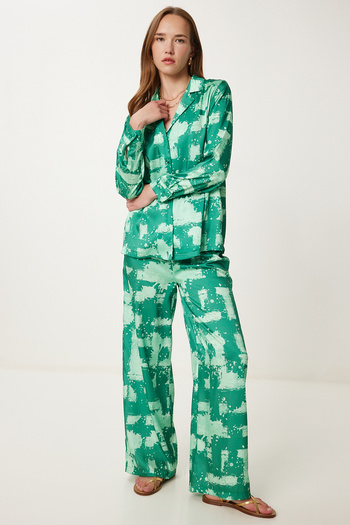 Happiness İstanbul Women's Green Patterned Satin Shirt Pants Suit Fg00036