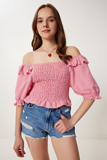 Happiness İstanbul Rosa karierte, dehnbare, gewebte Crop-Bluse für Damen TP00070