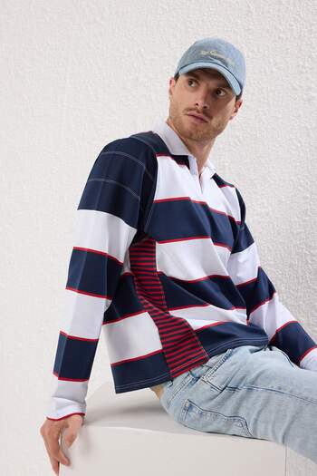 Trendyol Collection Φούτερ Navy Blue ριγέ Oversize College - TMNSS25SW00002