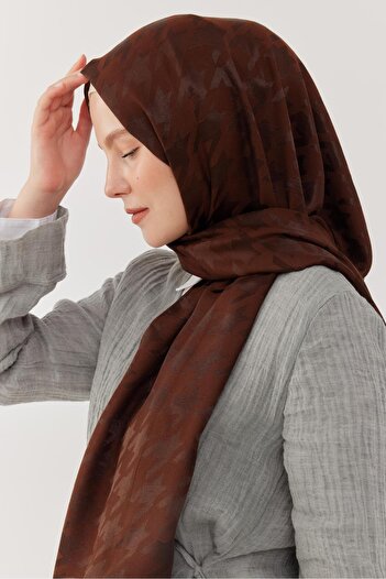 MİRSOY SCARF Shiny Jacquard Patterned Houndstooth Shawl - Brown