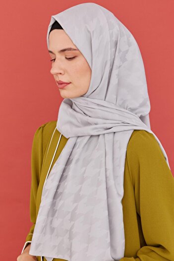 MİRSOY SCARF Silver Houndstooth Patterned Silky Jacquard Shawl