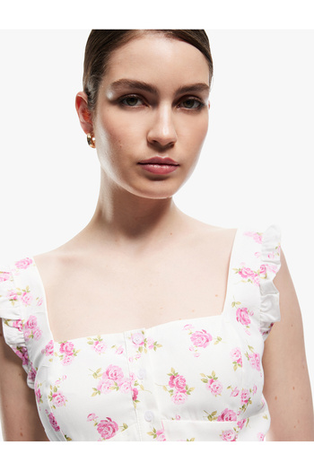 Koton Cotton Buttoned Square Neck Watermelon Sleeve Ruffled Floral Blouse