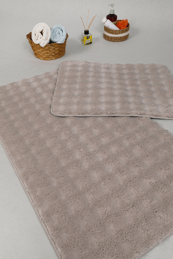 Myevilla Modern Bubble Yıkanabilir Kaymaz Peluş Banyo Paspası Halısı 2'li Klozet Takımı 50x80-50x40cm Bej