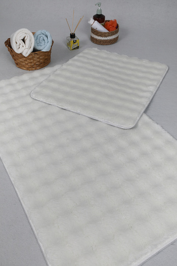 Myevilla Modern Bubble Yıkanabilir Kaymaz Peluş Banyo Paspası Halısı 2'li Klozet Takımı 50X80-50X40cm Krem