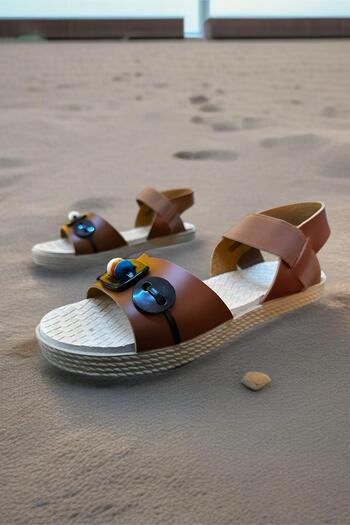 Oksit Straw Look Diya Sole Button Detailed Women's Sandals
