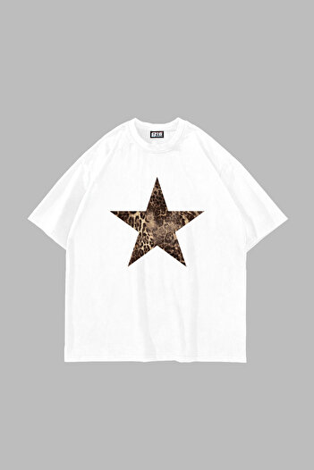 Sekizbiraltı Starz Leopard Printed 24/1 Oversize Unisex Λευκό Tshirt