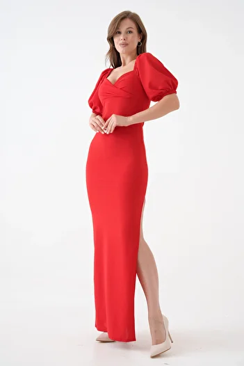 lovebox Women's Crepe Fabric Double Breasted Collar Balloon Sleeve Design Slit Detailed Red Maxi Evening Dress582853