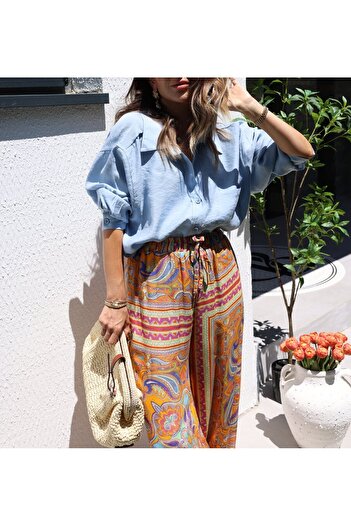 Lavanta Tekstil Ethnic Patterned Trousers with Front Laces