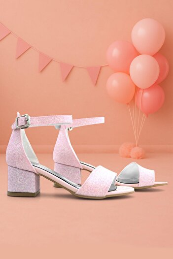 hapshoe Lilo Glittery Pink Single Strap Girl's Heeled Evening Dress Shoes
