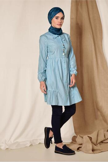 Alvina Square Patterned Neck Lace Balloon Sleeve Tunic 4982