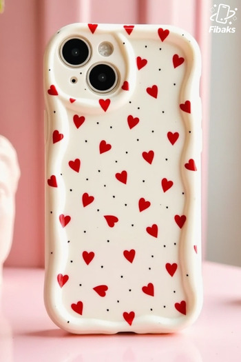Fibaks iPhone 14 Plus / 15 Plus Case Camera Protected Wave Edge Red Heart Pattern Silicone
