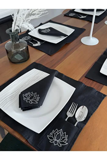 Menar Tasarım Lotus Flower Embroidered American Service Set Napkin Set 6-Person Design Dining Tablecloth Set
