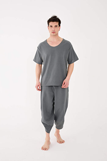 RELAXL 100% Cotton Şile Cloth Dirty Collar Oversize Men's Dark Gray T-Shirt Yoga Wear