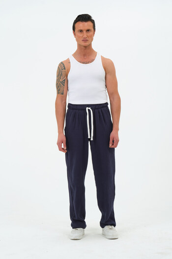 RELAXL 100% Cotton Relaxed Cut Summer Muslin Navy Blue Baggy Trousers