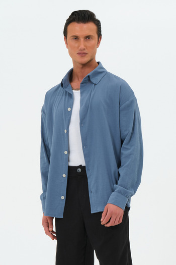 RELAXL Cămașă cu guler retro, 100% bumbac, 4 sezoane, albastru indigo