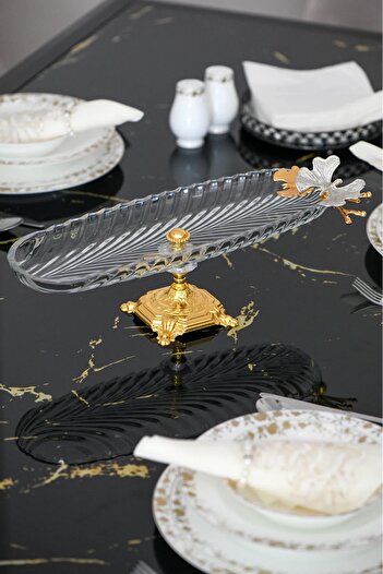 P H Panayır Home 3-Piece Glass Boat Plate Set - 40X14 Candy Brown & Tan - Serving Plate - Metal Butterfly
