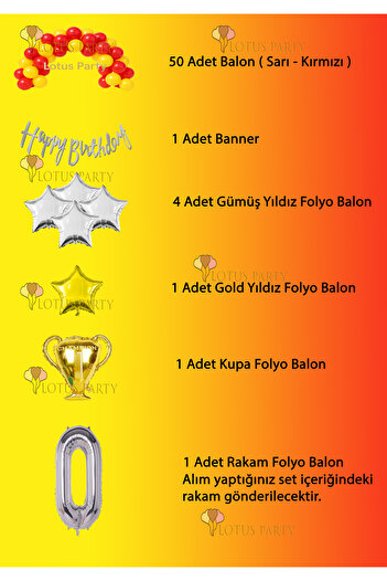 LOTUS PARTY 6 Yaş Temalı Balon Seti - Sarı Kırmızı Balon - Kupa Ve Rakam Folyo Balon