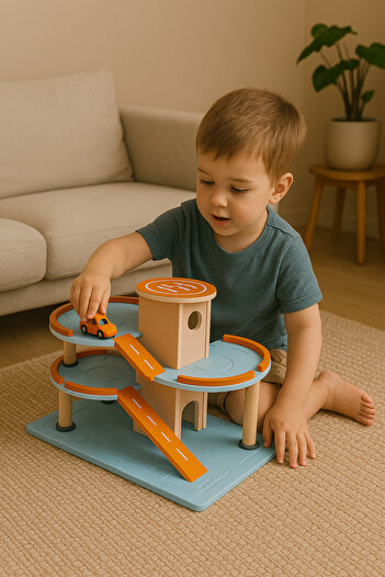 hedefixtoys Ahşap Oyuncak Araba Garajı – 3 Katlı Otopark Seti, Kaydıraklı, Renkli Tasarım, Montessori Uyumlu