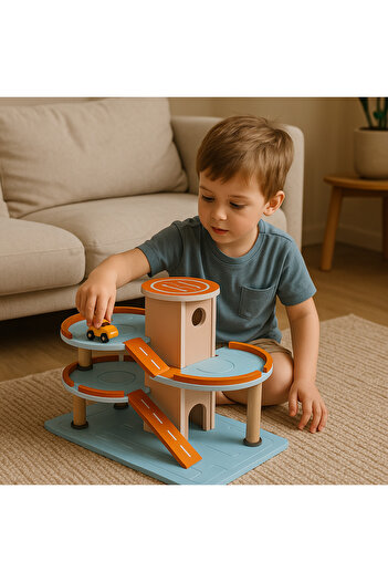 hedefixtoys Ahşap Oyuncak Araba Garajı – 3 Katlı Otopark Seti, Kaydıraklı, Renkli Tasarım, Montessori Uyumlu