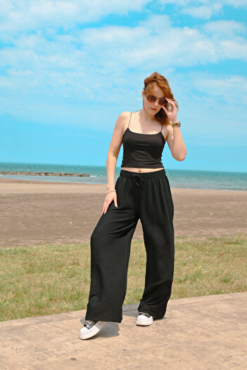 Expectus Women's Elastic Waist Relaxed Cut Loose Wide Leg Summer Trousers