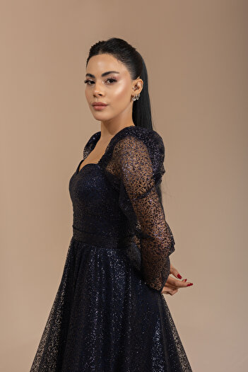 berissima bride Cecilia Degrade Tül Kalp Yaka Lacivert Nişan Elbisesi