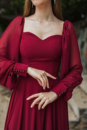 berissima bride Aries Şifon Kalp Yaka Bordo Abiye Elbise