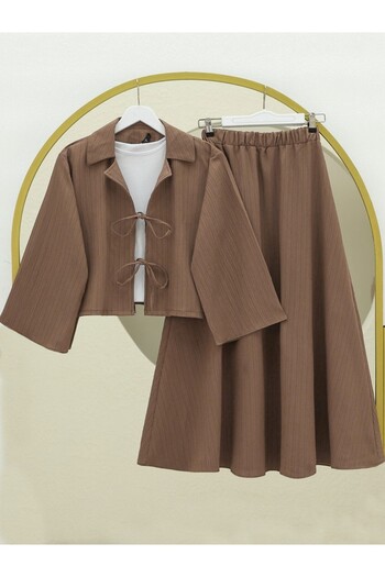 Modamorfo Crinkle Suit with Tie Front Skirt - Brown