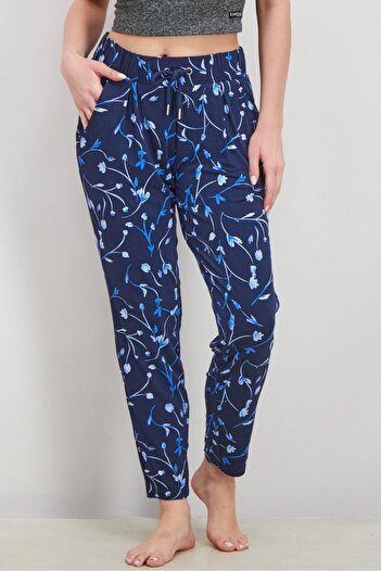 Tchibo Women Straight Leg Printed Drawstring Pants, Navy
