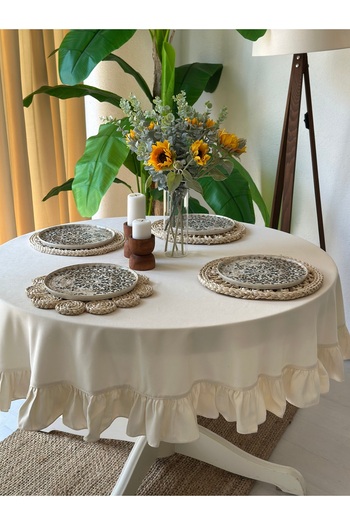 Decamor home Velvet Textured Vintage Ecru Ruffled Round Tablecloth Hassle-Free