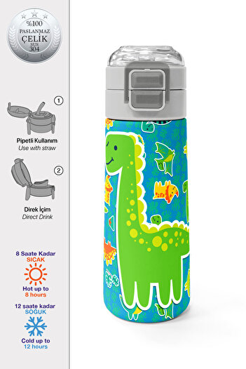 Coral High Kids Blue Green Dinosaur Patterned Straw and Direct Drinking Steel Thermos 500 ml 31798