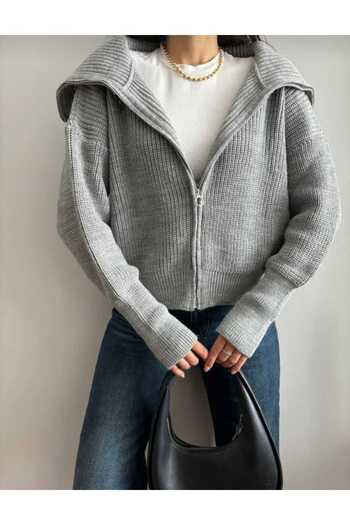 moda nistan Devri̇k Collar Zippered Knitwear Cardigan