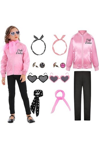 Miulruma 50s Pink Lady costume for girls party with accessories, 9-10 years, Miulruma
