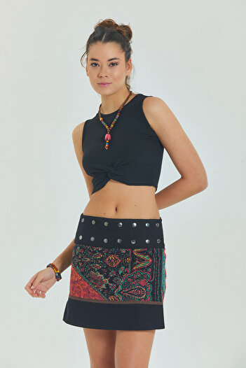 Los banditos Patchwork Wrap Mini Skirt with Snap Closure