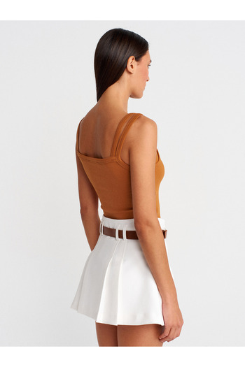 Dilvin 81060 Pleated Belted Shorts Skirt-White