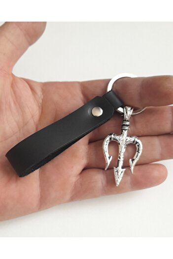 AB Takı Trident 3 Spear Symbol Fashion Black Real Leather Keychain