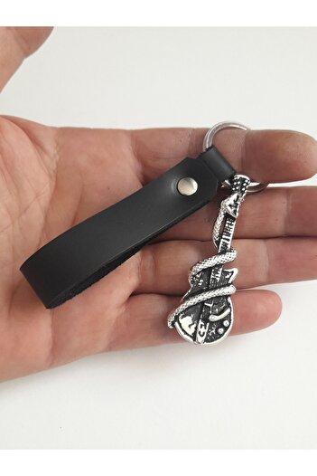 AB Takı Guitar Snake Symbol Fashion Black Real Leather Keychain
