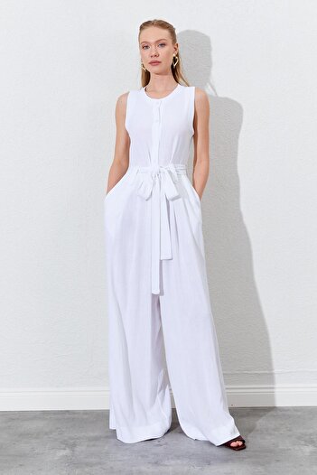 TENA Women's White Sleeveless Belted Double Leg Jumpsuit