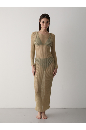 Laluvia Gold Sparkly Long Sheer Beach Dress
