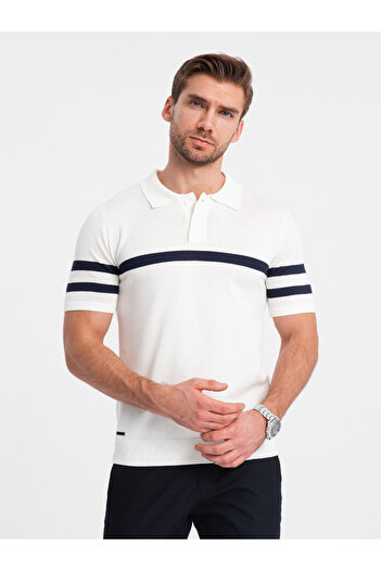 OMBRE Herren-Poloshirt aus weichem Strick mit Kontraststreifen - weiß V1 OM-POSS-0118 XXL